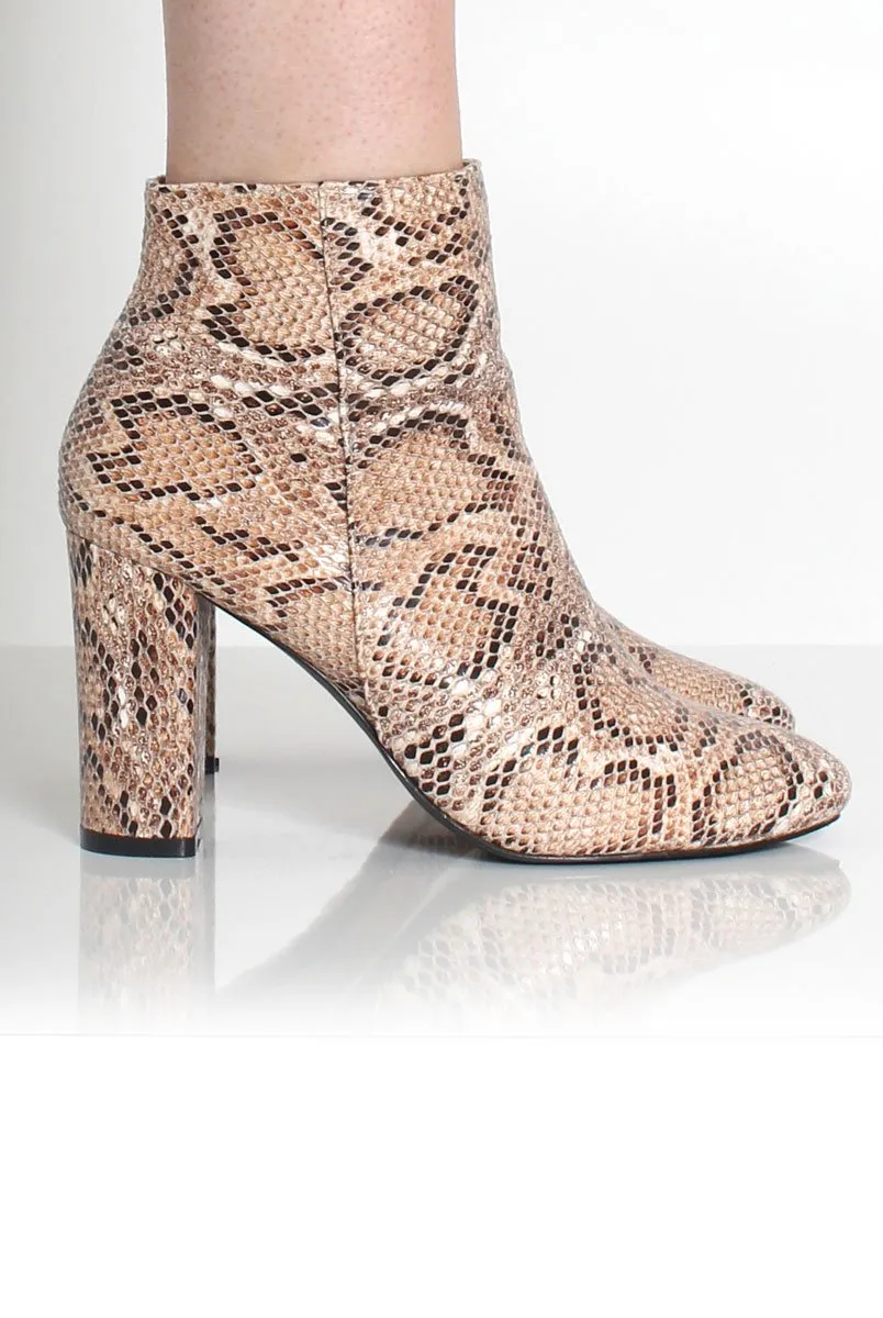 Ashlie Beige Snakeskin Ankle Boots