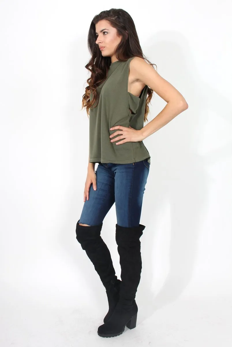 Beth Khaki Side Panel High Neck Top