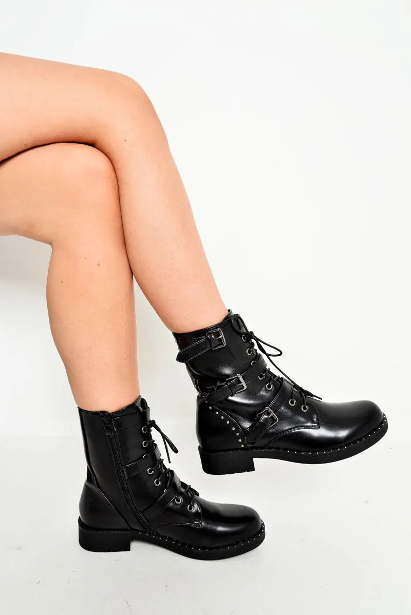 Black PU Stud Trim Buckle Detail Biker Boots - Areyah