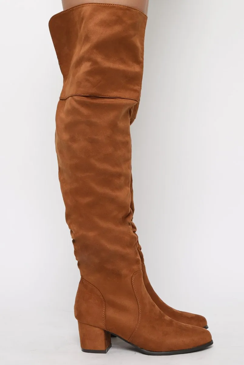 Camel Suede Split Back Heeled Knee High Boots - Reyna