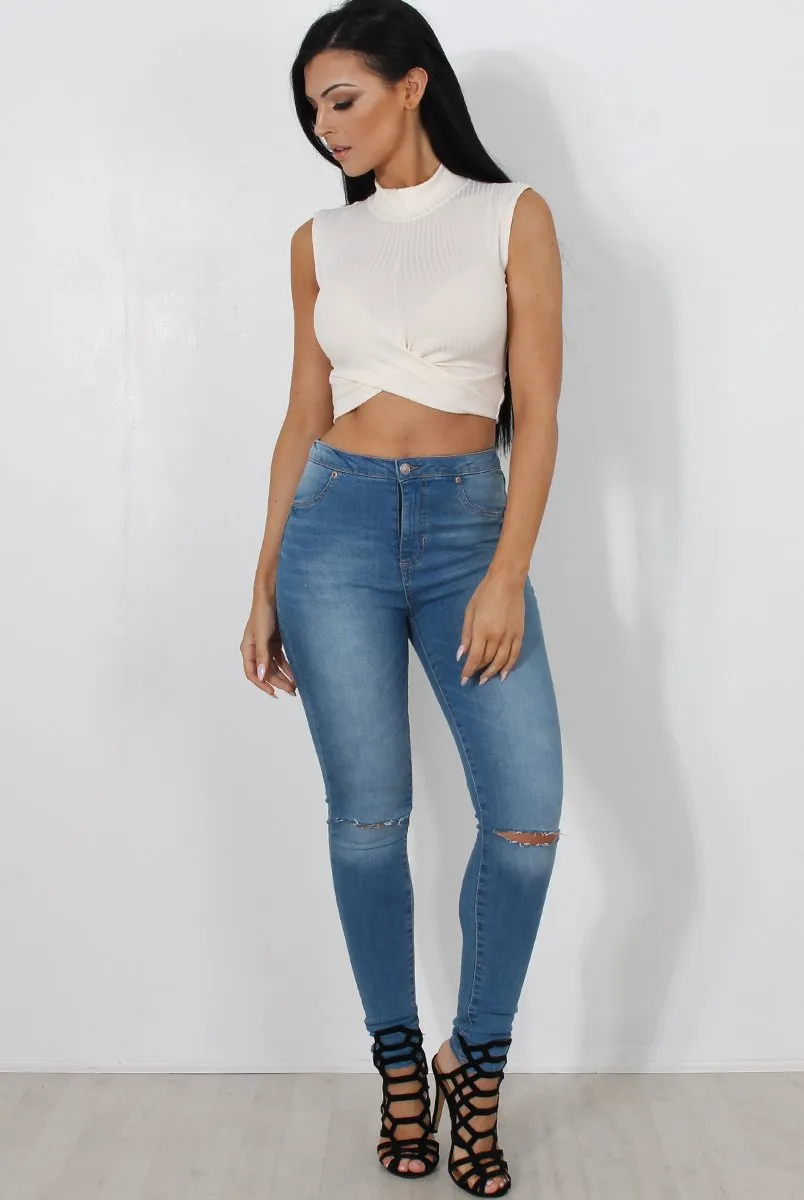 Claron White Ribbed High Neck Crop Top