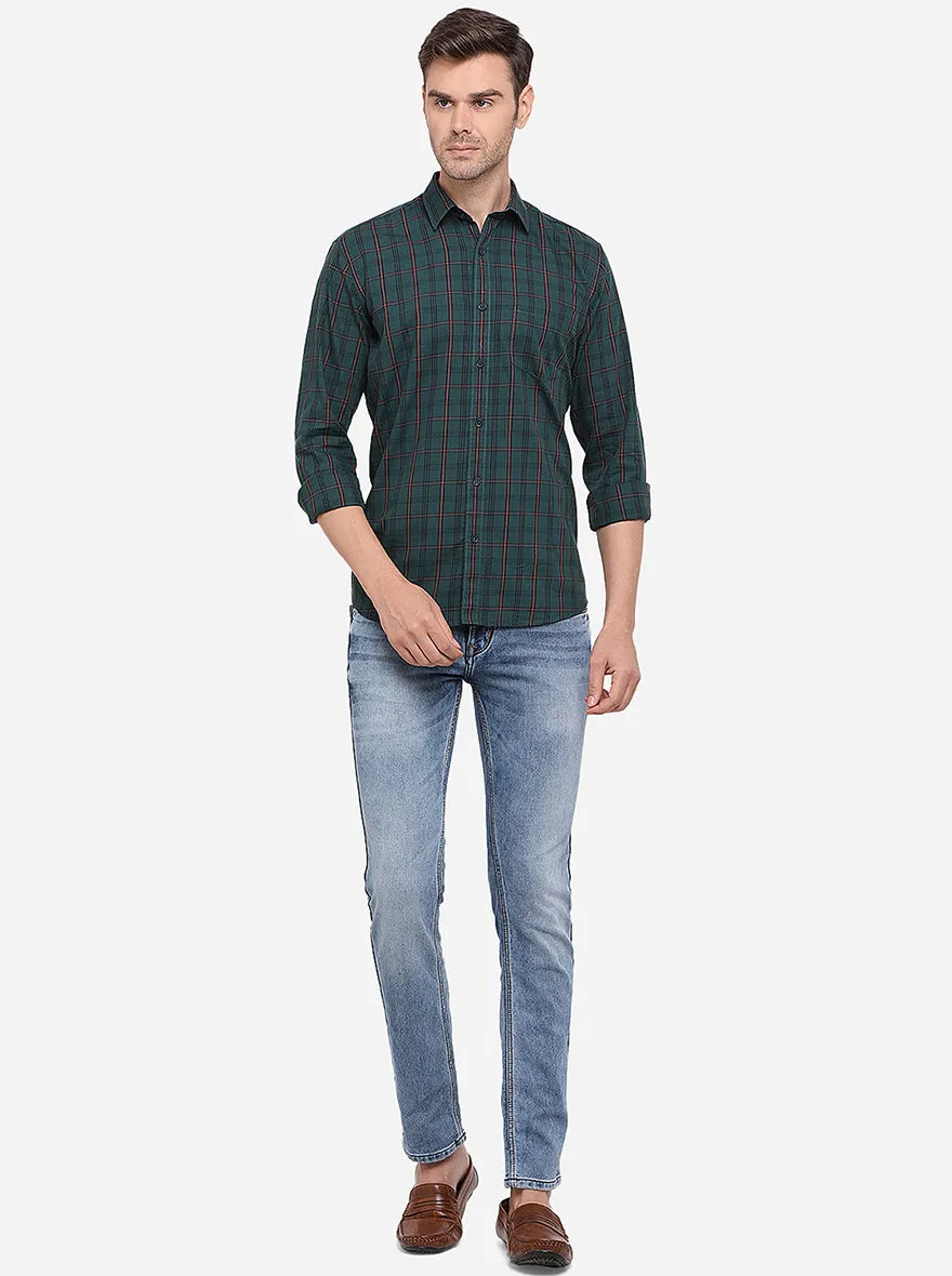 Dark Green Checked Slim Fit Semi Casual Shirt | Greenfibre