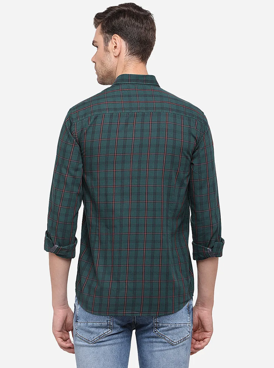 Dark Green Checked Slim Fit Semi Casual Shirt | Greenfibre