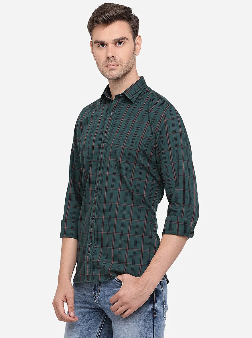 Dark Green Checked Slim Fit Semi Casual Shirt | Greenfibre