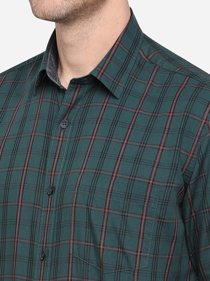 Dark Green Checked Slim Fit Semi Casual Shirt | Greenfibre