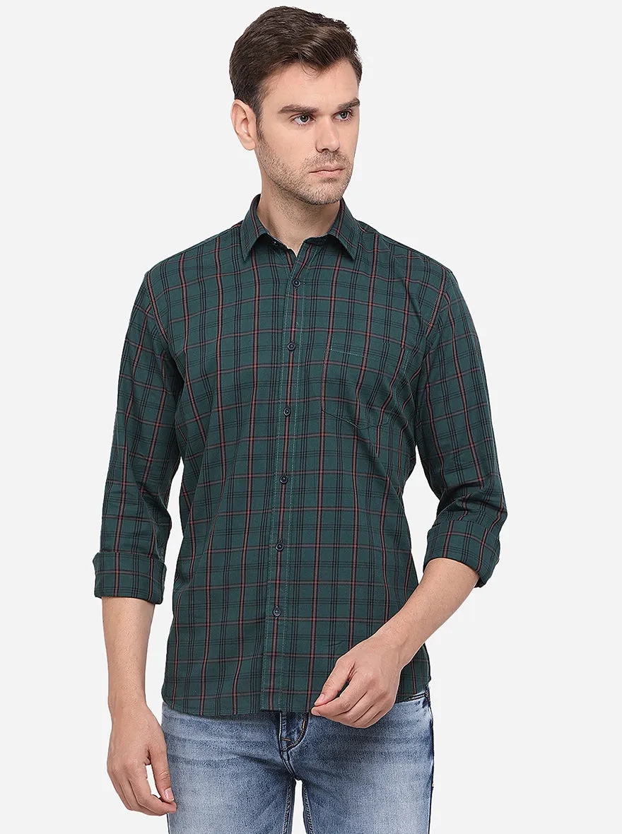 Dark Green Checked Slim Fit Semi Casual Shirt | Greenfibre