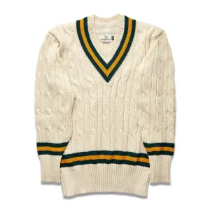 Fox Cricket Club Ecru Sweater with Green & Gold Stripes