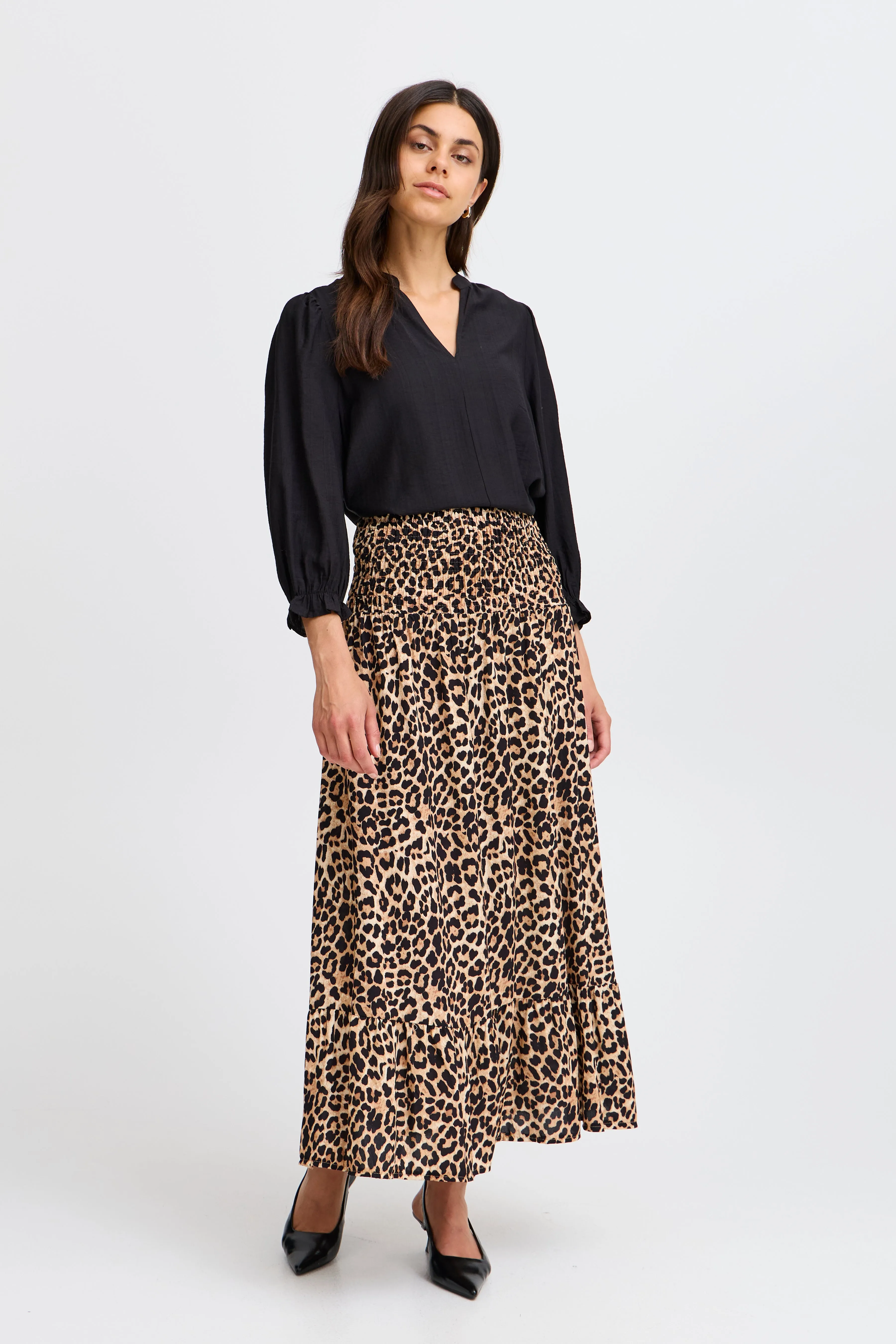 Fransa Animal Print Maxi Skirt with Shirred Wasitband