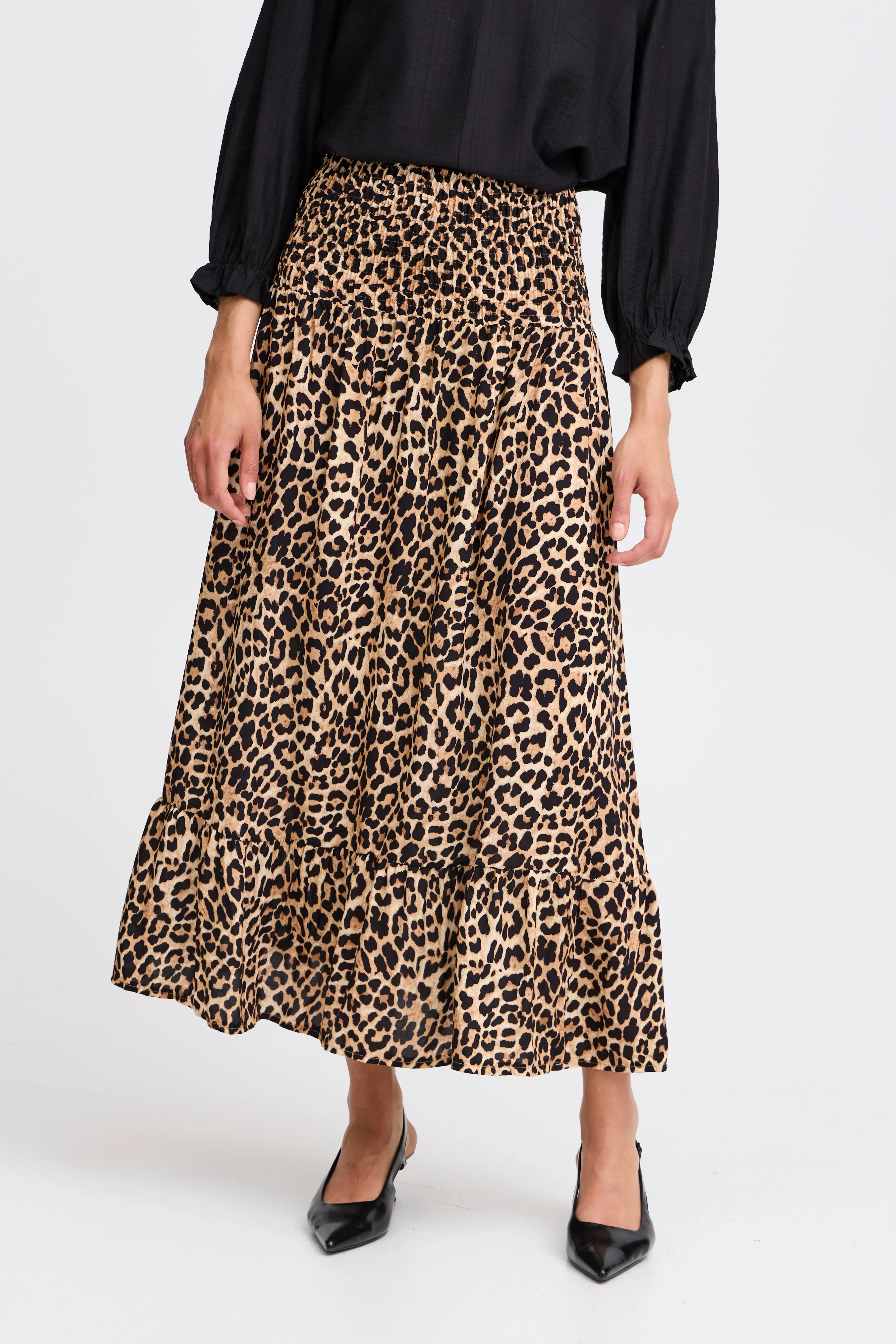 Fransa Animal Print Maxi Skirt with Shirred Wasitband