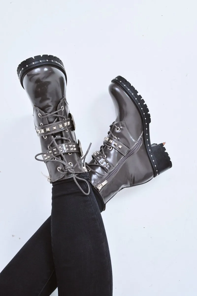 Grey Patent Stud Buckle Detail Biker Boots - Raylea