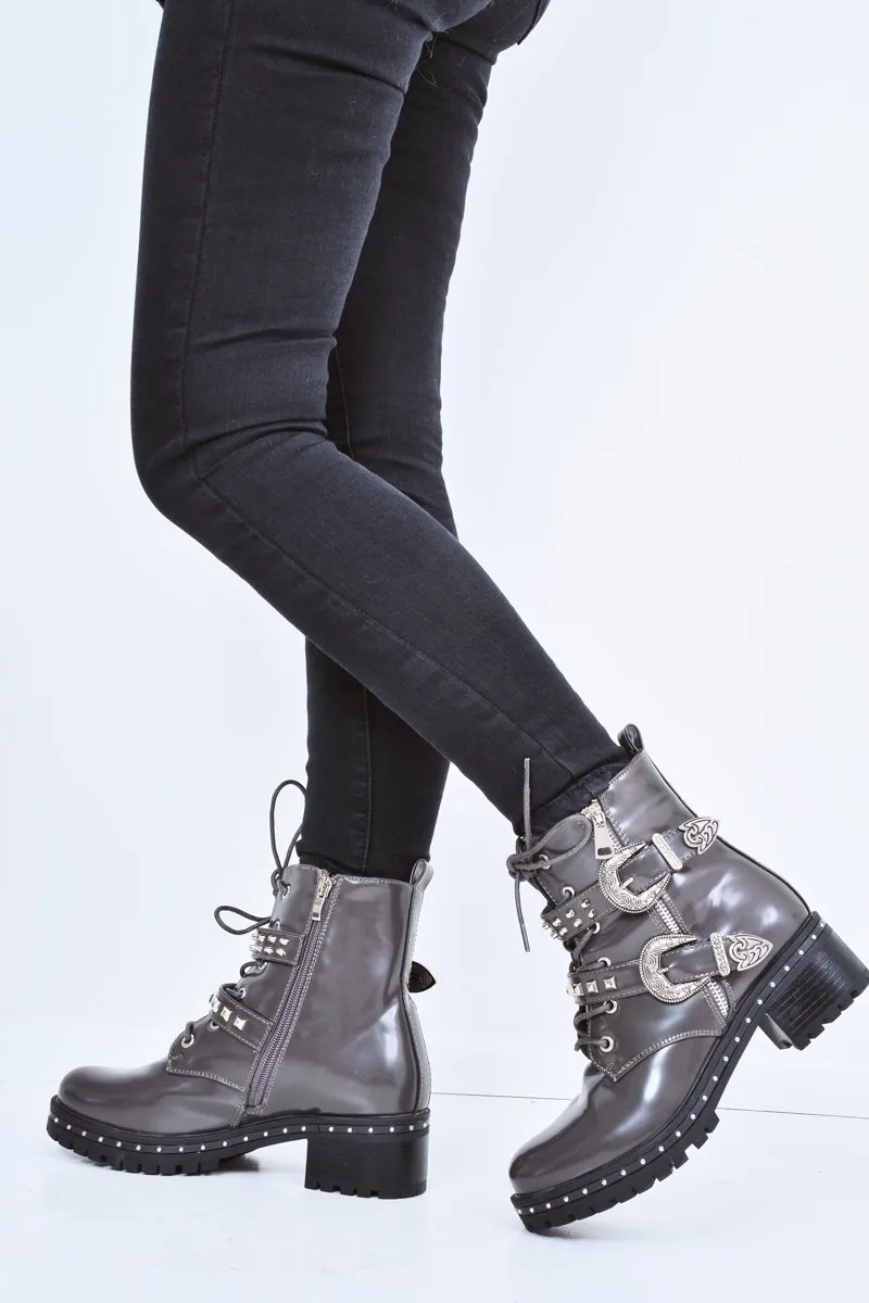 Grey Patent Stud Buckle Detail Biker Boots - Raylea