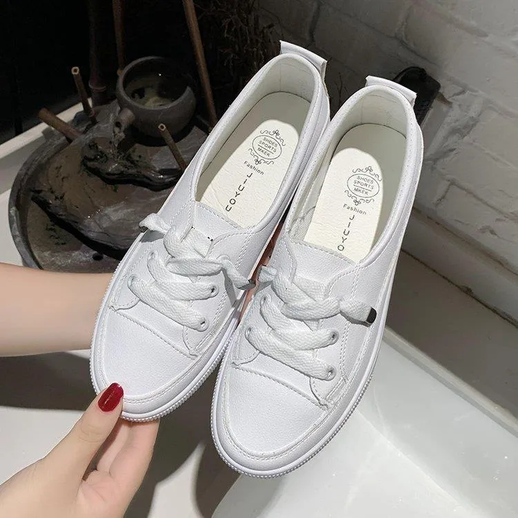 ikearlax Casual Shoes Women's  Spring New Board Shoes Leather White Shoes Women's Korean-Style Versatile Ins Women's Shoes