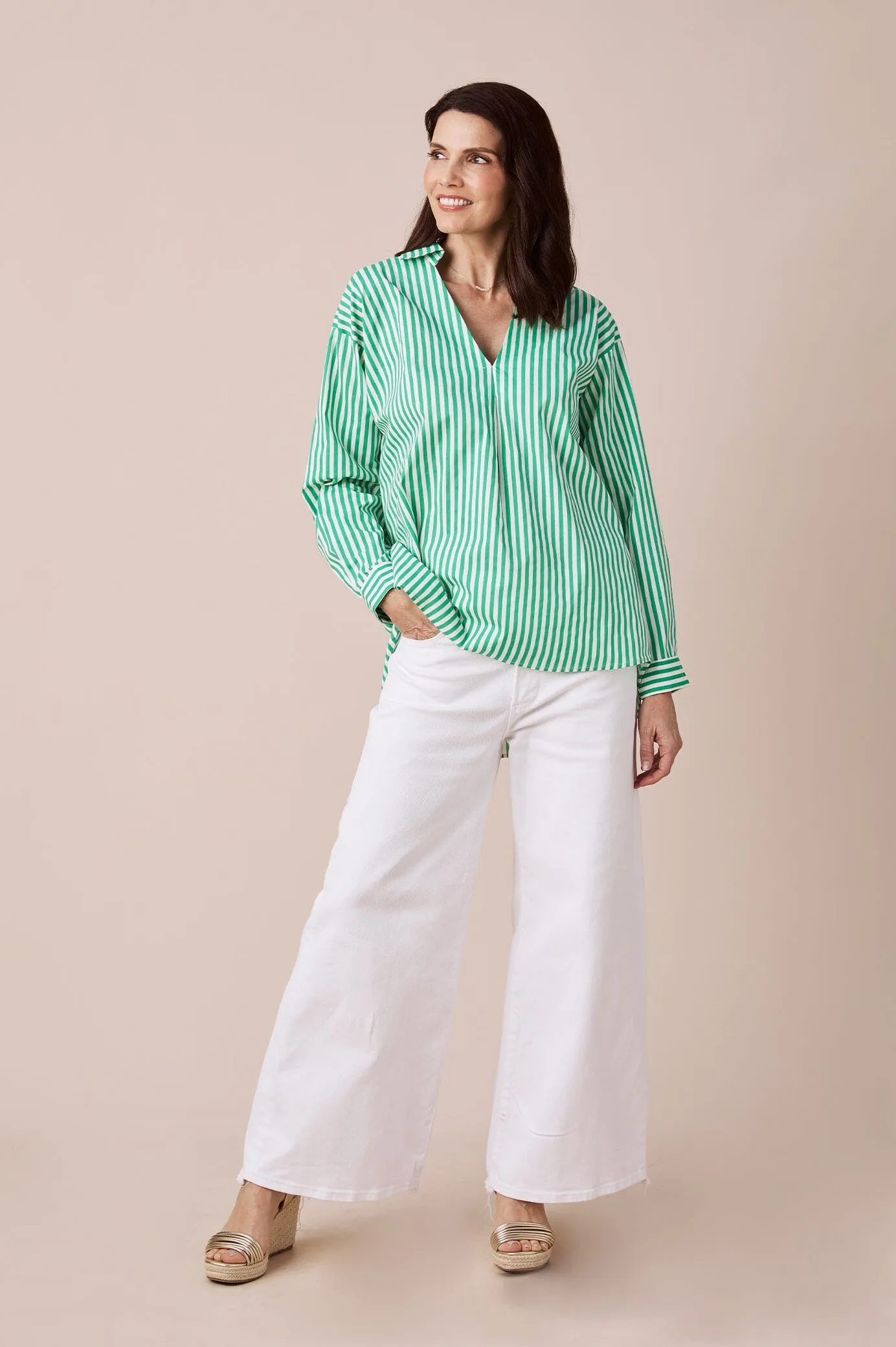 Lynette Collared Long Sleeve Shirt Striped Green