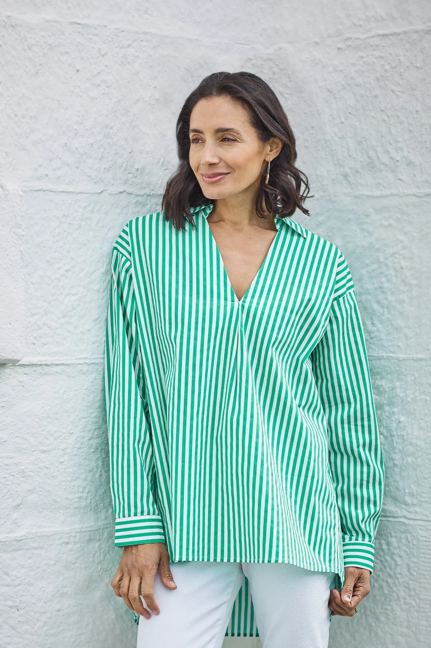 Lynette Collared Long Sleeve Shirt Striped Green