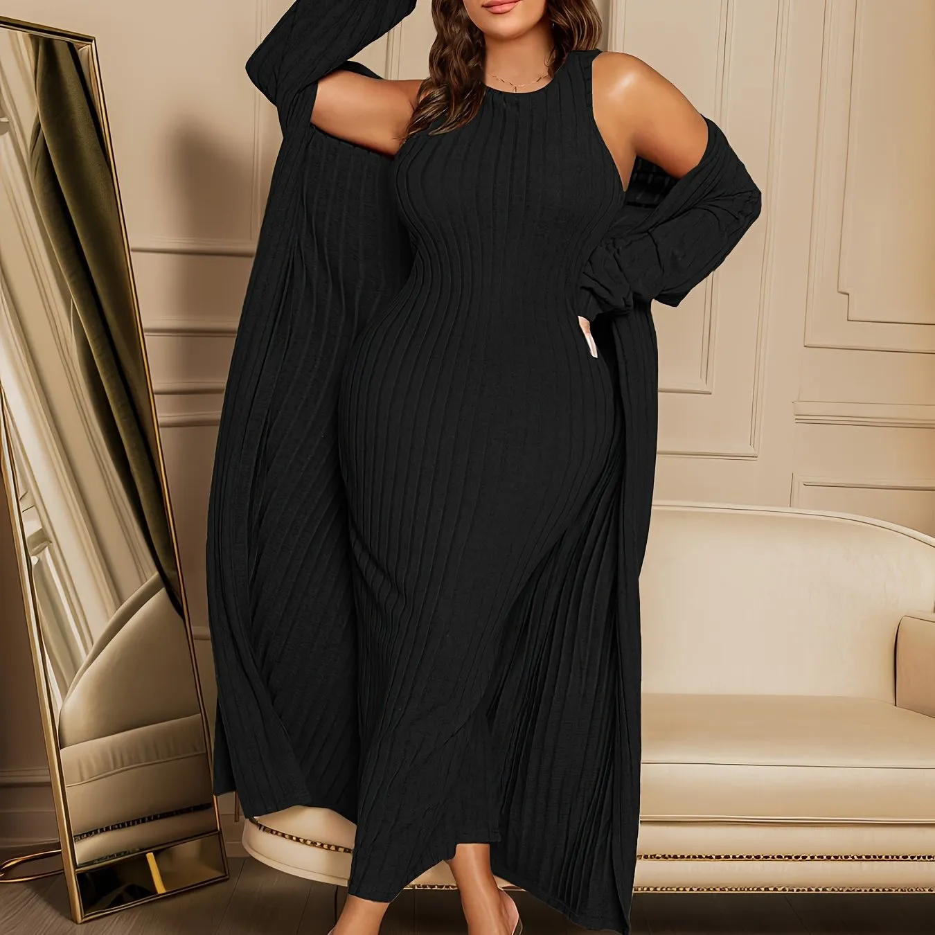 Plus Size Ribbed Two-Piece Set - Long Sleeve Open Front Cardigan & Sleeveless Dress Ensemble for Women's Fashion