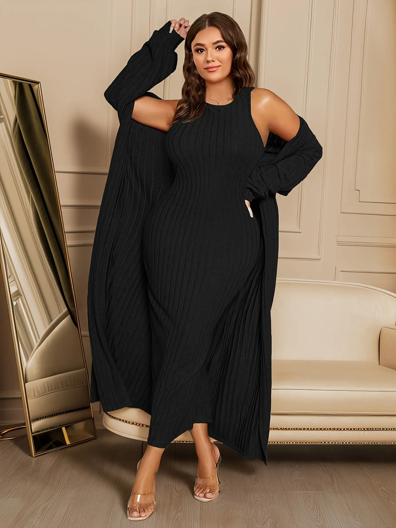 Plus Size Ribbed Two-Piece Set - Long Sleeve Open Front Cardigan & Sleeveless Dress Ensemble for Women's Fashion