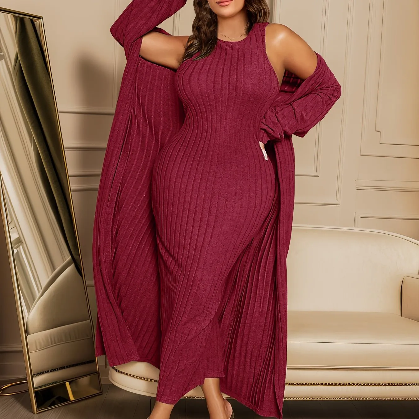 Plus Size Ribbed Two-Piece Set - Long Sleeve Open Front Cardigan & Sleeveless Dress Ensemble for Women's Fashion