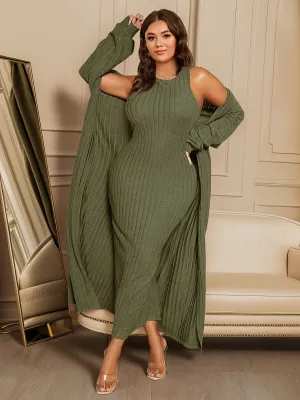 Plus Size Ribbed Two-Piece Set - Long Sleeve Open Front Cardigan & Sleeveless Dress Ensemble for Women's Fashion