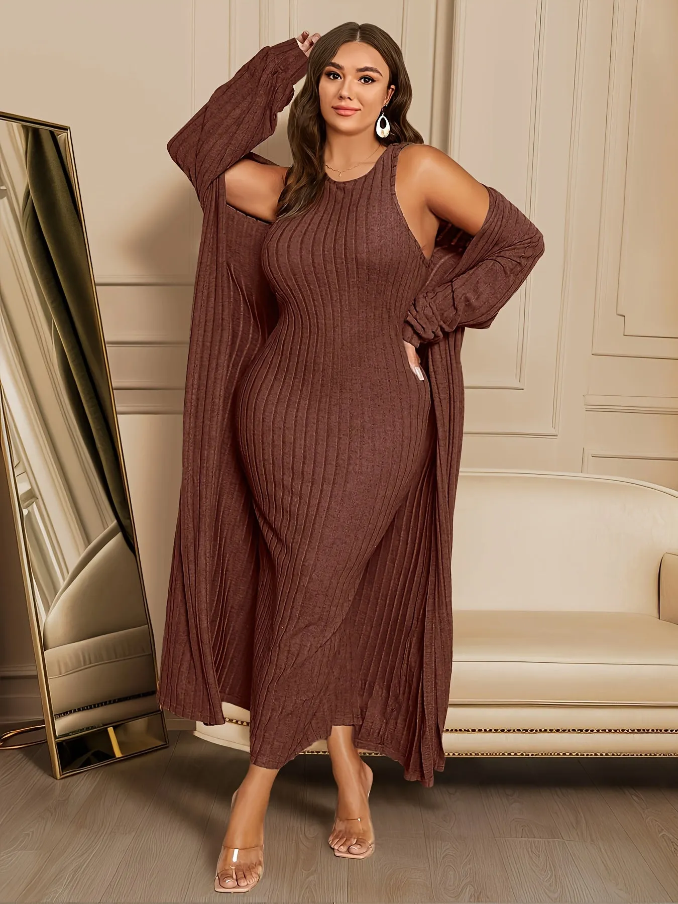 Plus Size Ribbed Two-Piece Set - Long Sleeve Open Front Cardigan & Sleeveless Dress Ensemble for Women's Fashion