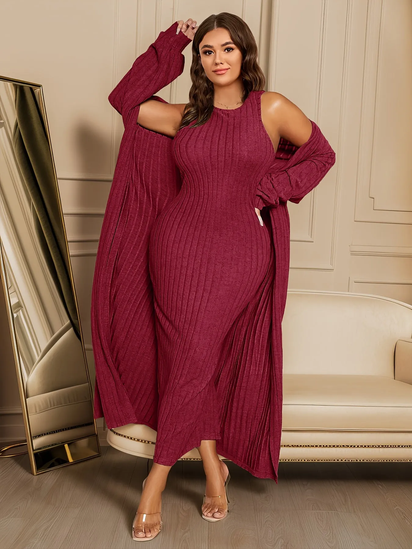 Plus Size Ribbed Two-Piece Set - Long Sleeve Open Front Cardigan & Sleeveless Dress Ensemble for Women's Fashion