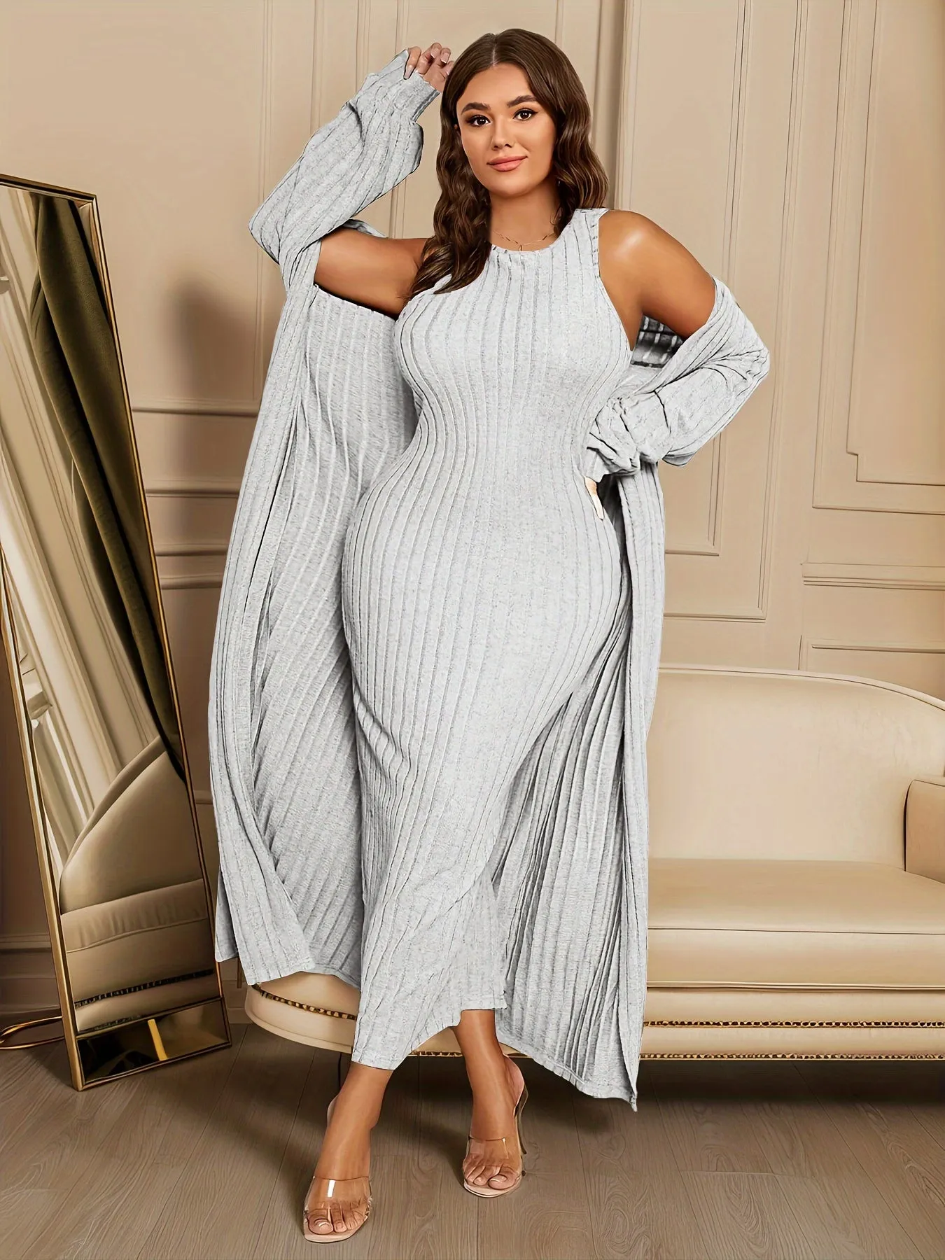 Plus Size Ribbed Two-Piece Set - Long Sleeve Open Front Cardigan & Sleeveless Dress Ensemble for Women's Fashion