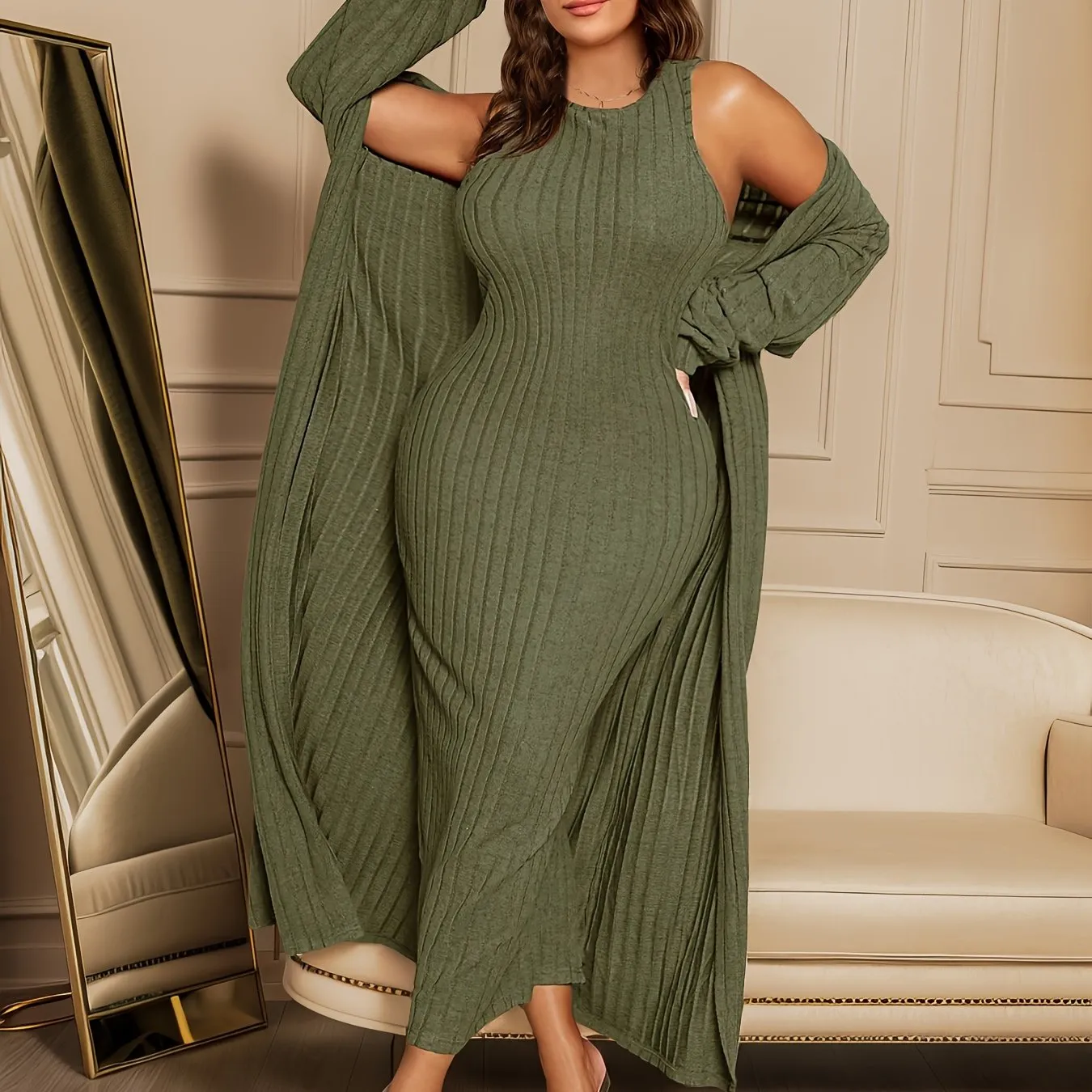 Plus Size Ribbed Two-Piece Set - Long Sleeve Open Front Cardigan & Sleeveless Dress Ensemble for Women's Fashion