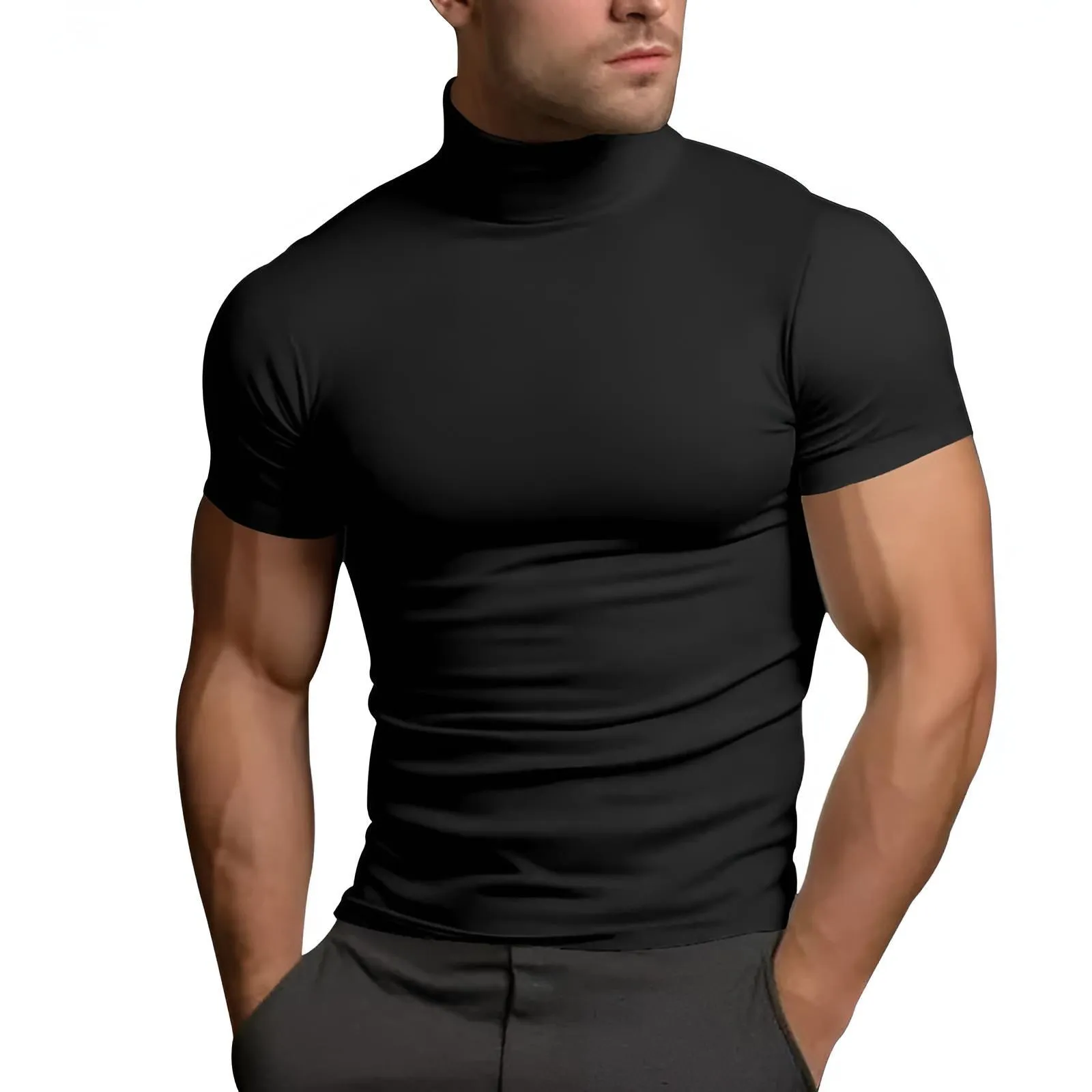 Short Sleeve Turtleneck Men's Tight T-Shirt